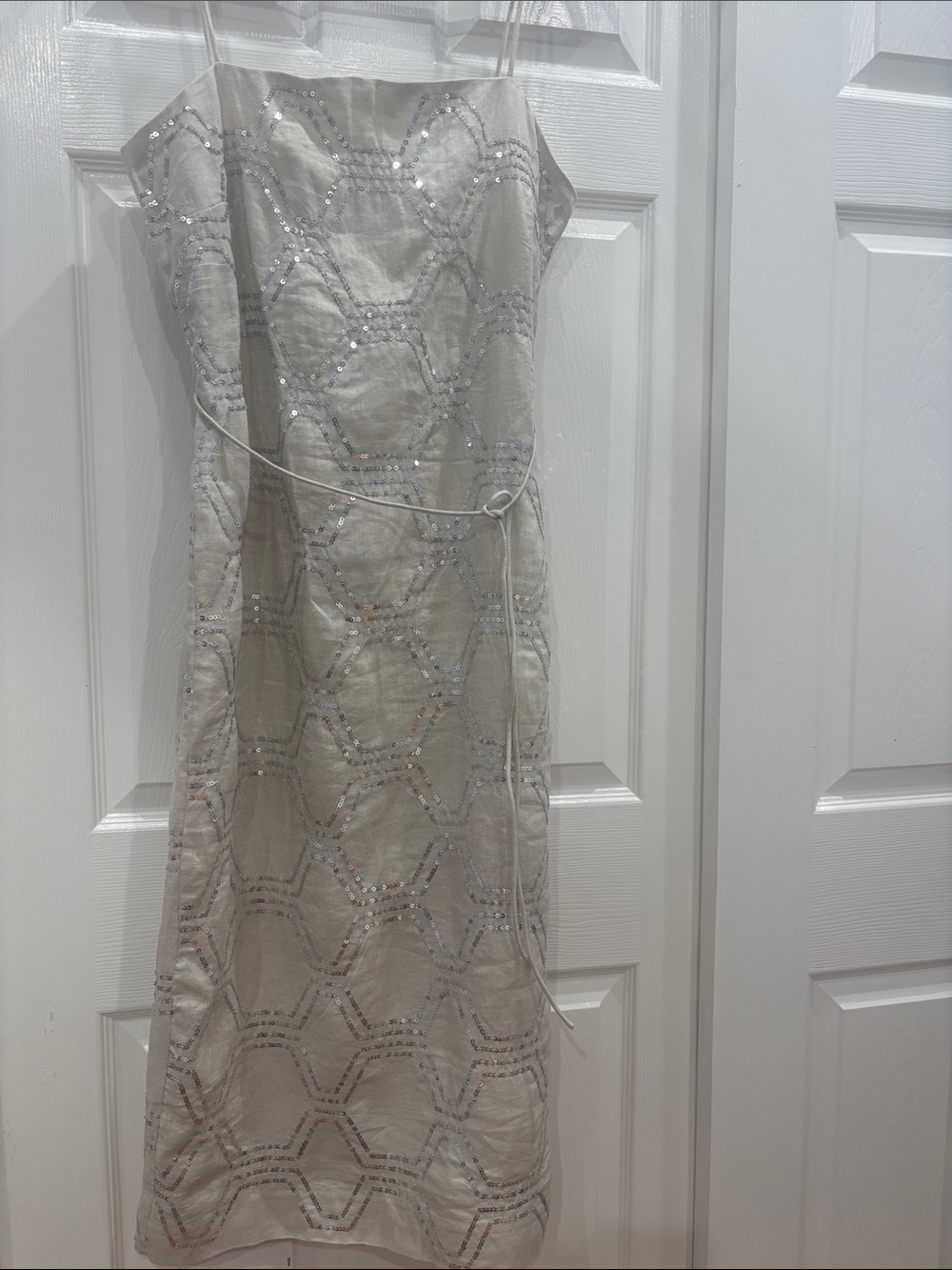 Ann Taylor Cream Strapless Sequin Sheath Dress